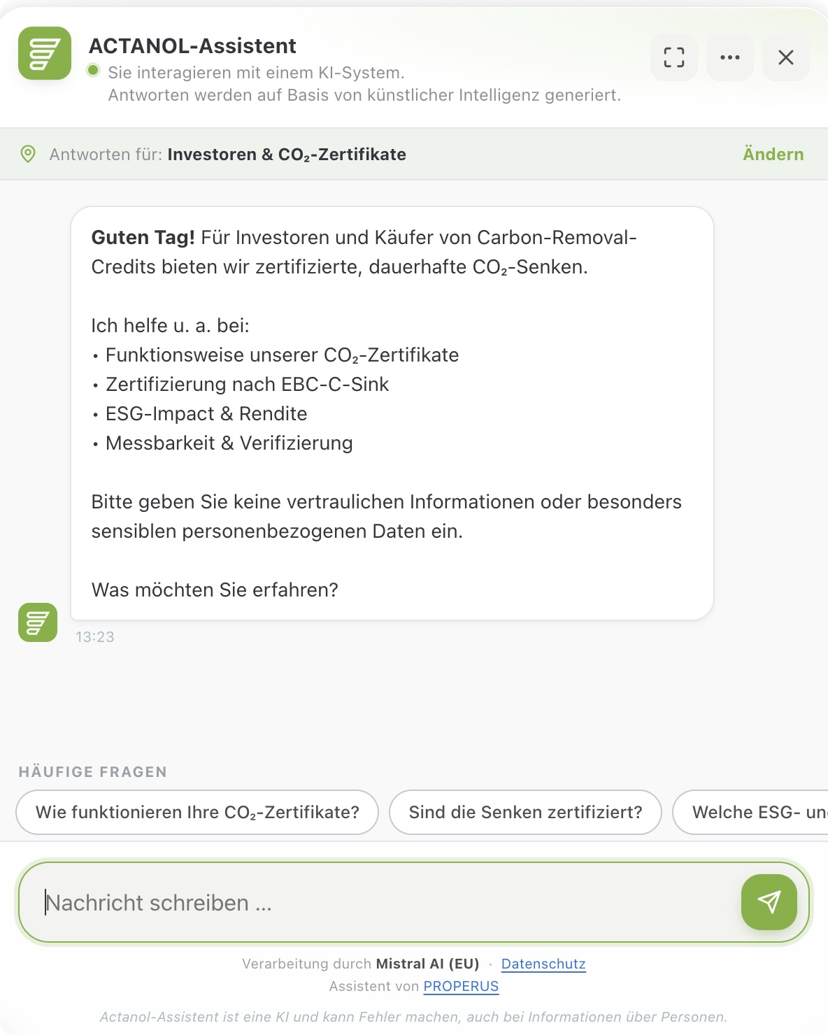 Antwortbereich des ACTANOL-Assistenten auf actanol-energie.de mit gewählter Zielgruppe und häufigen Fragen