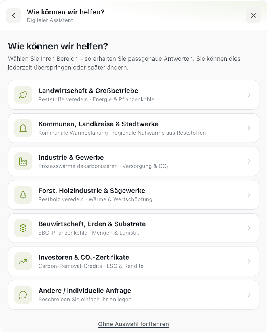 Zielgruppenführung des ACTANOL-Assistenten mit Auswahl nach Bereich, von Landwirtschaft über Kommunen bis zu Investoren
