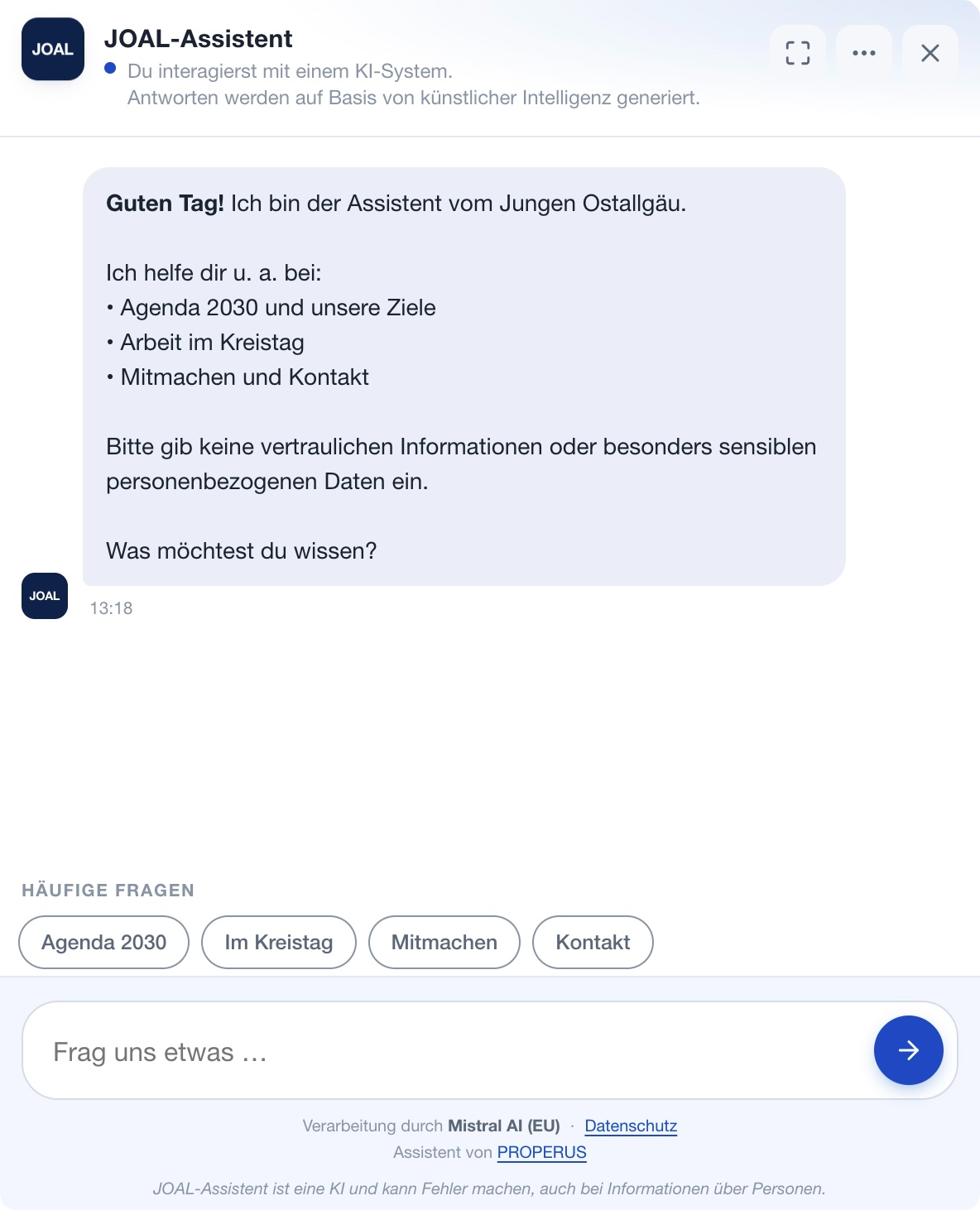 Ausschnitt des JOAL-Assistenten auf junges-oal.de mit Begrüßung und häufigen Fragen