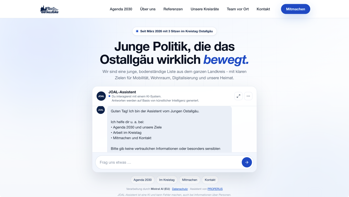 Startseite von junges-oal.de mit dem JOAL-Assistenten direkt im Einstieg, darunter Hinweis auf Verarbeitung durch Mistral AI in der EU