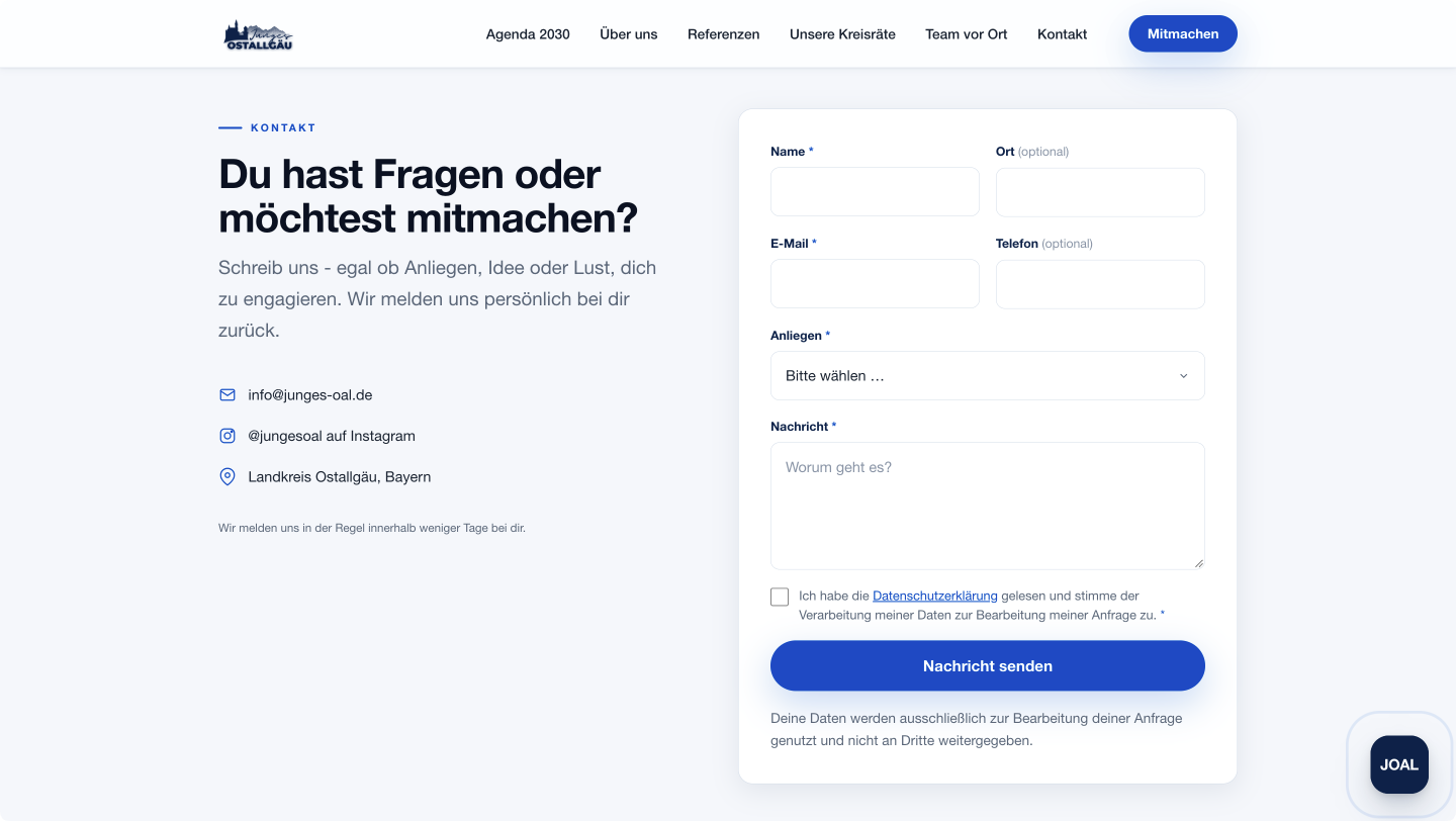 Kontaktsektion auf junges-oal.de mit Formular, Einwilligungsfeld zur Datenschutzerklärung und Zweckbindungshinweis