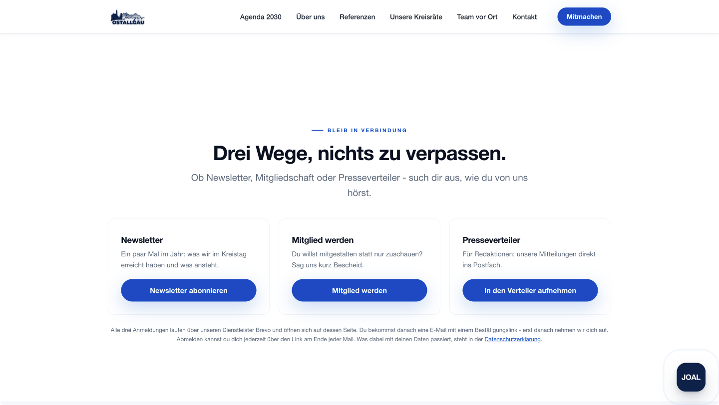 Newsletter-Sektion auf junges-oal.de mit drei Anmeldewegen und Hinweis auf Double-Opt-in über Brevo